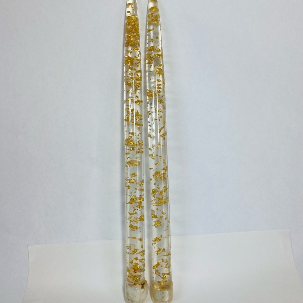 Lucite MCM Clear Taper Candles with Gold Flakes -Vintage Elegant Home Accent